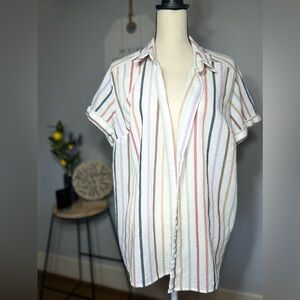CJ Banks White Multicolor Cotton Striped Button Collared Short Sleeve Blouse 1X